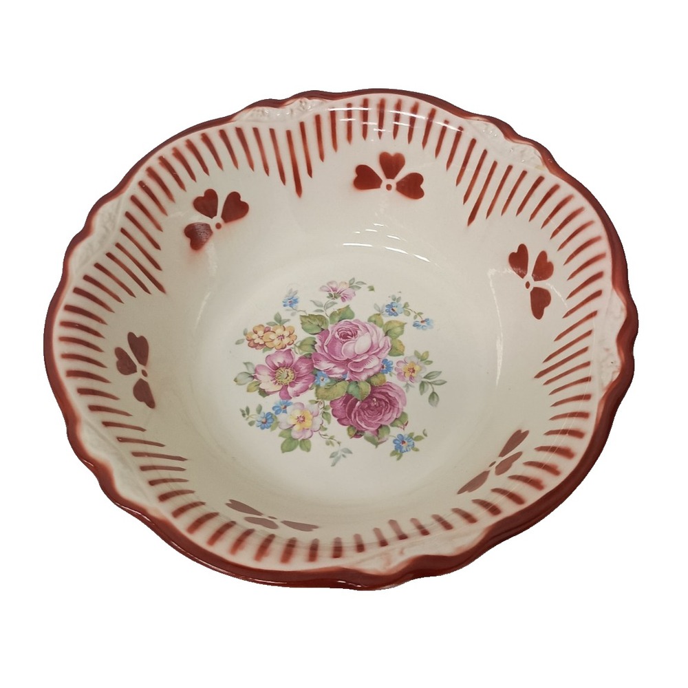 VTG Homer Laughlin Virginia Rose Red Heart Stripes Round Ceramic Serving Bowl